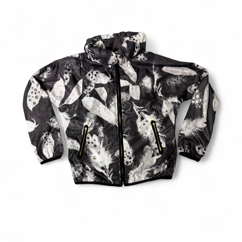 Y2K Centro Moda Black & White Feather Print Windbreaker Jacket Womens Small
